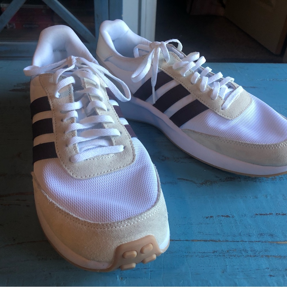 Adidas three striped Maroon and White with tan suede sneakers